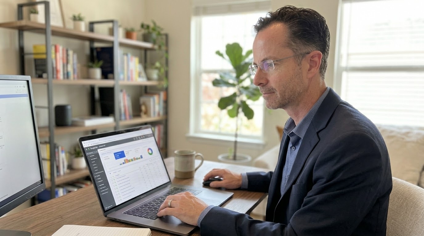 Eric Hines, founder of Pinnacle Ads, reviewing an ad performance dashboard on his laptop